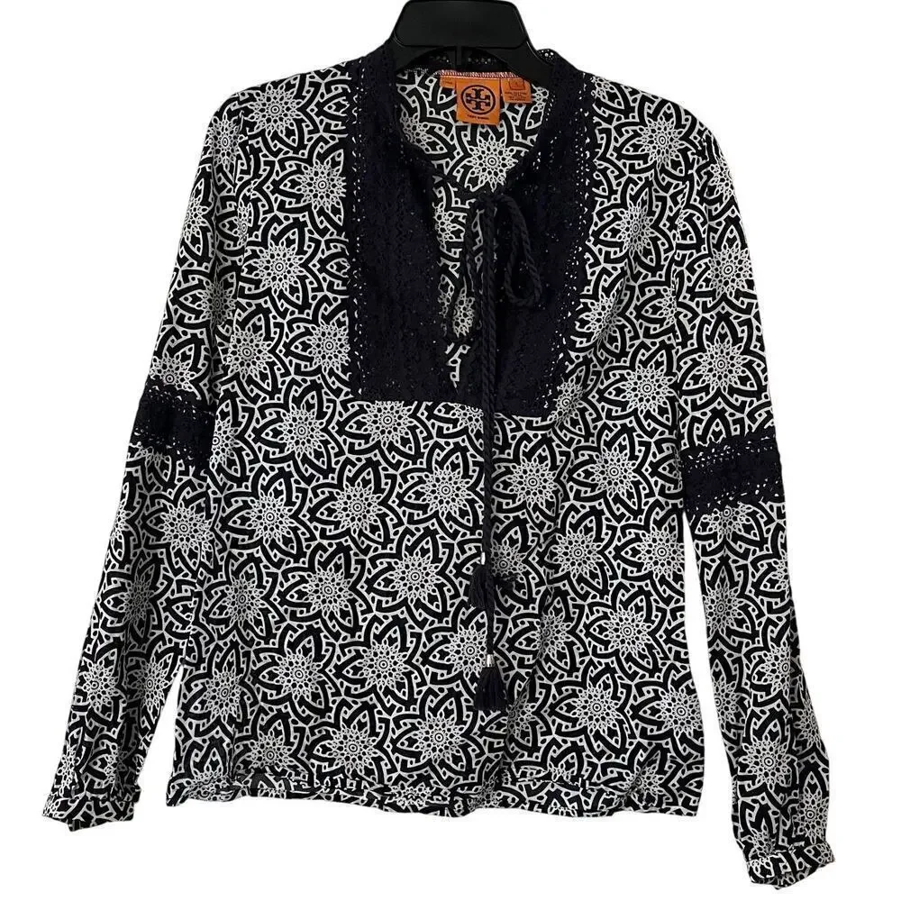 Tory Burch Boho Floral Lace Trim Top Long Sleeve Blouse Size 6